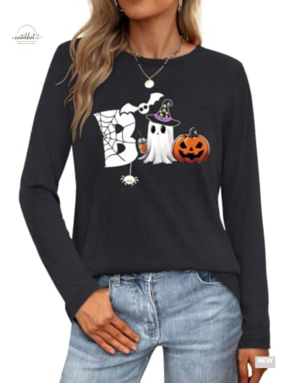 Women's Long Sleeve Halloween Ghost Pumpkin T-Shirt Crew Neck Fall Top